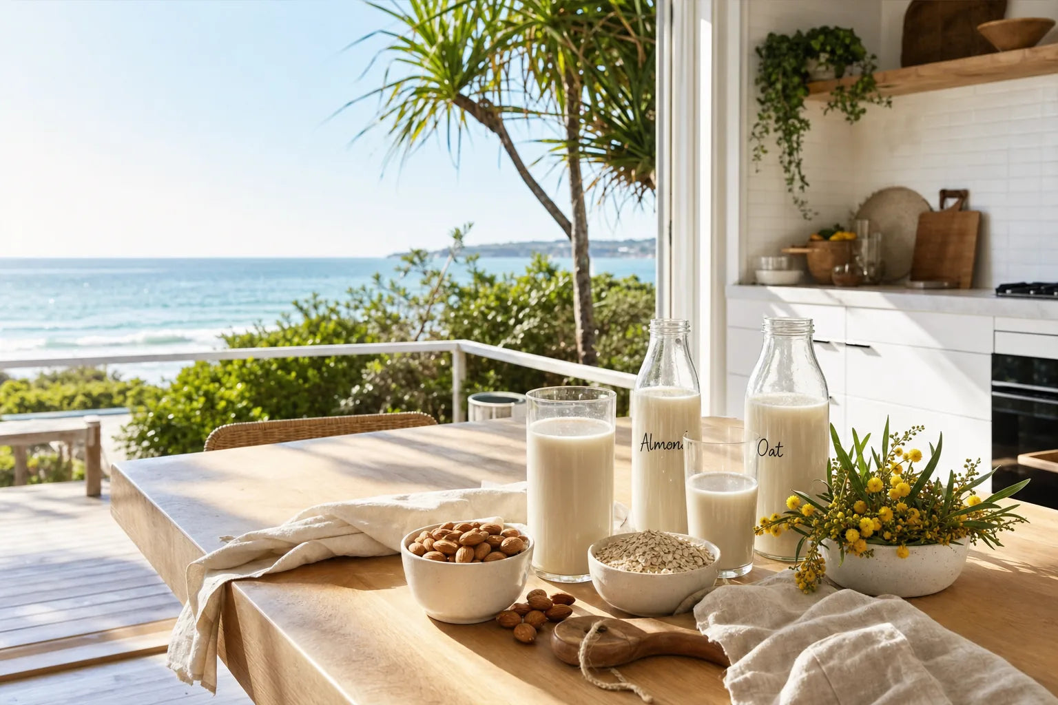 Fresh plant milk on a coastal terrace